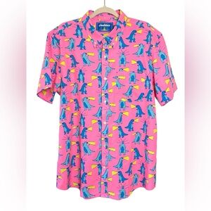 Chubbies Neon Pink Godzilla Dinosaur Print Short Sleeve Button Down Shirt XL
